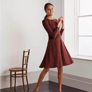 Boden Maggie Ponte Knit Swing Fit & Flare Dress Stretch Long Sleeve Burgundy 6
